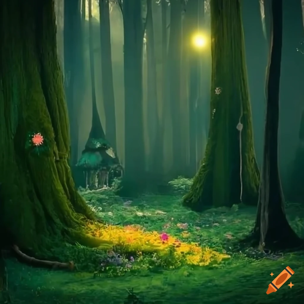 A magical forest with a lot of flowers and large trees, and little ...