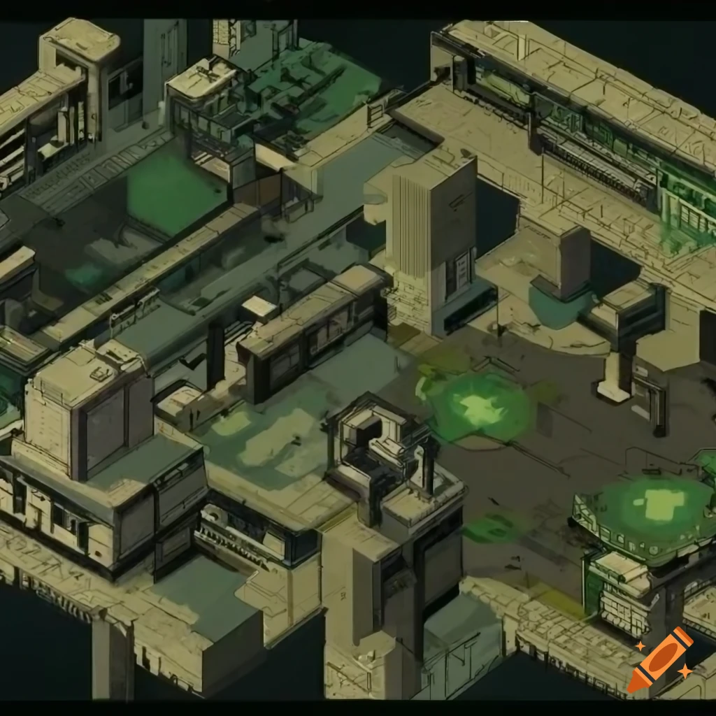 Philosophical sci-fi war-gaming map, isometric perspective on Craiyon