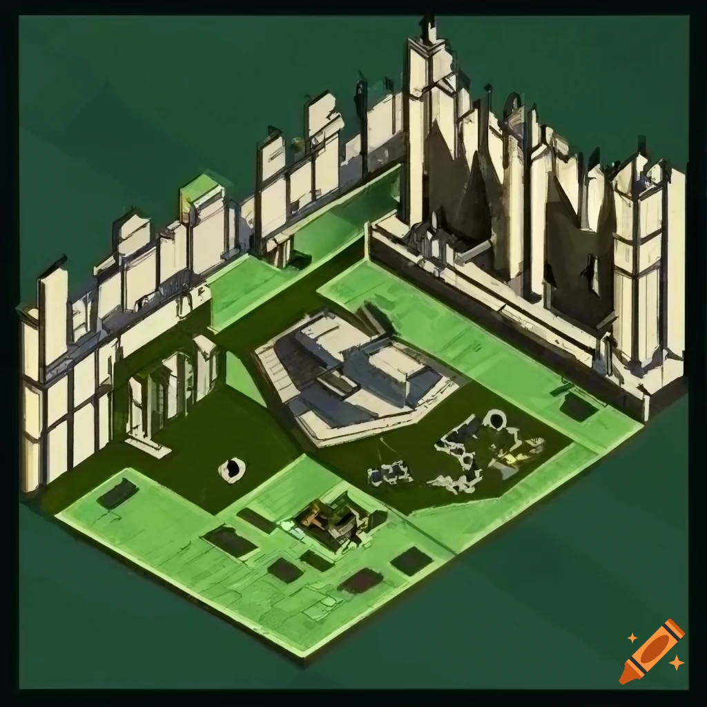 Philosophical sci-fi war-gaming map, isometric perspective