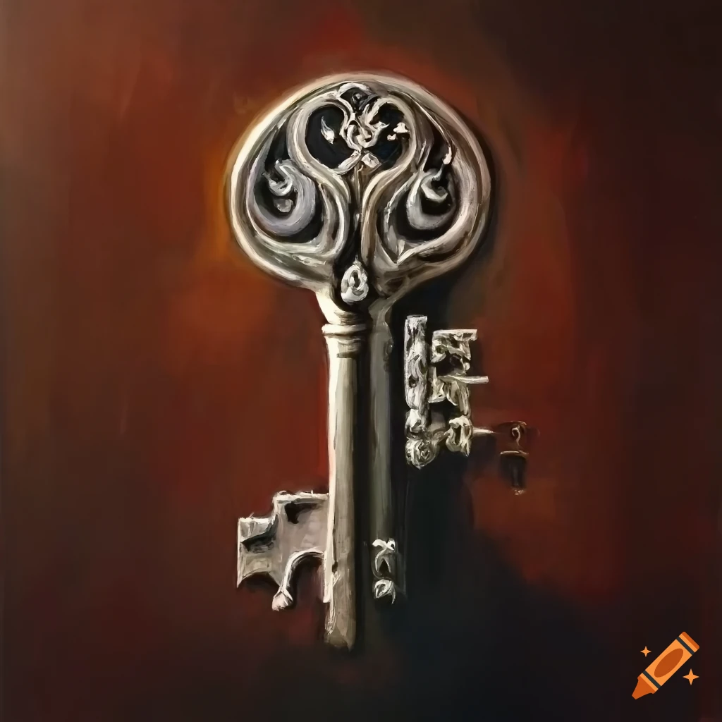 A silver door key, painting