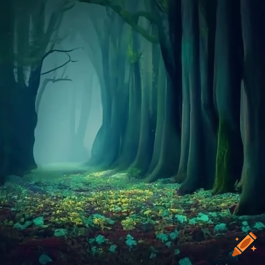 A magical forest with a lot of flowers and large trees, and little ...