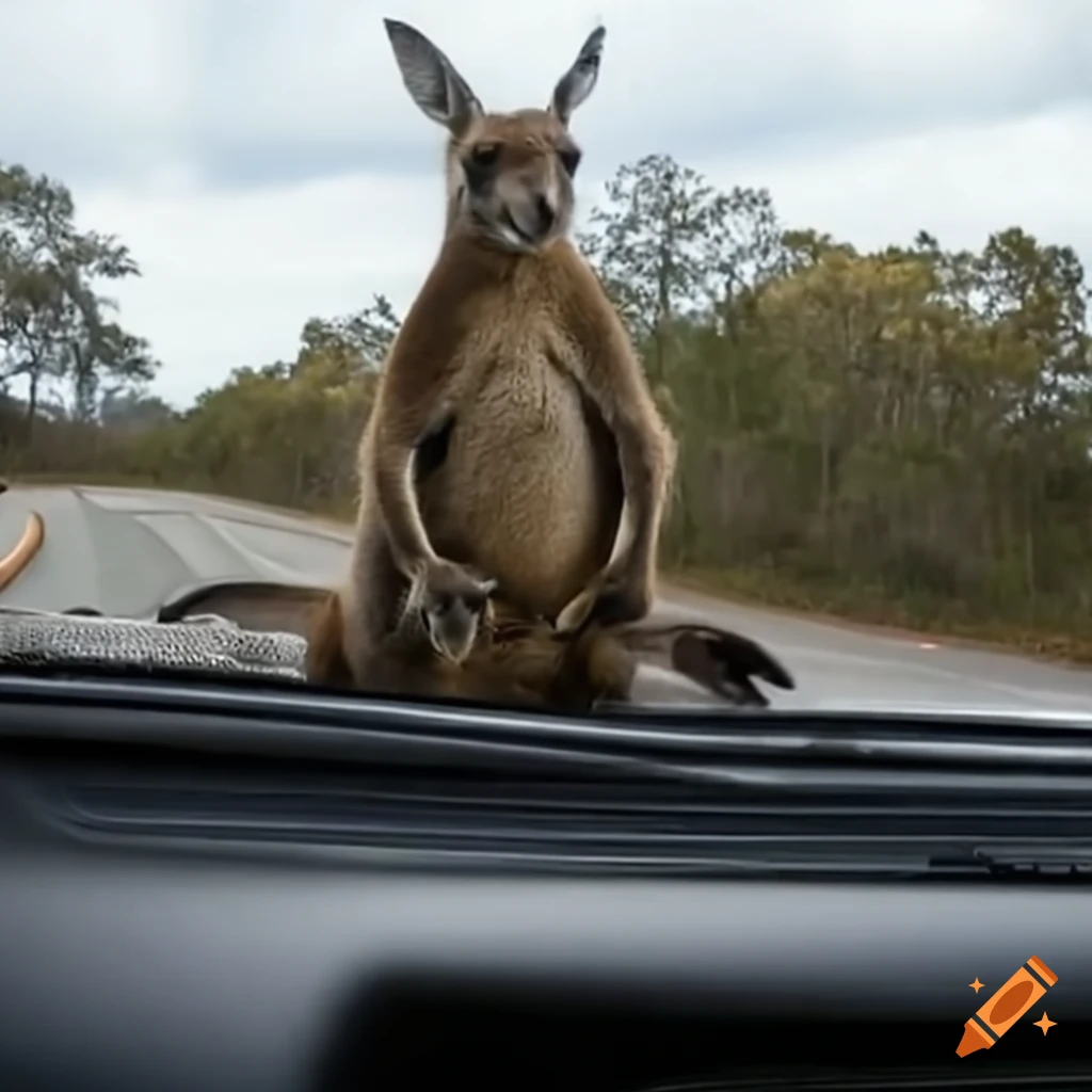 A kangaroo driving a truck