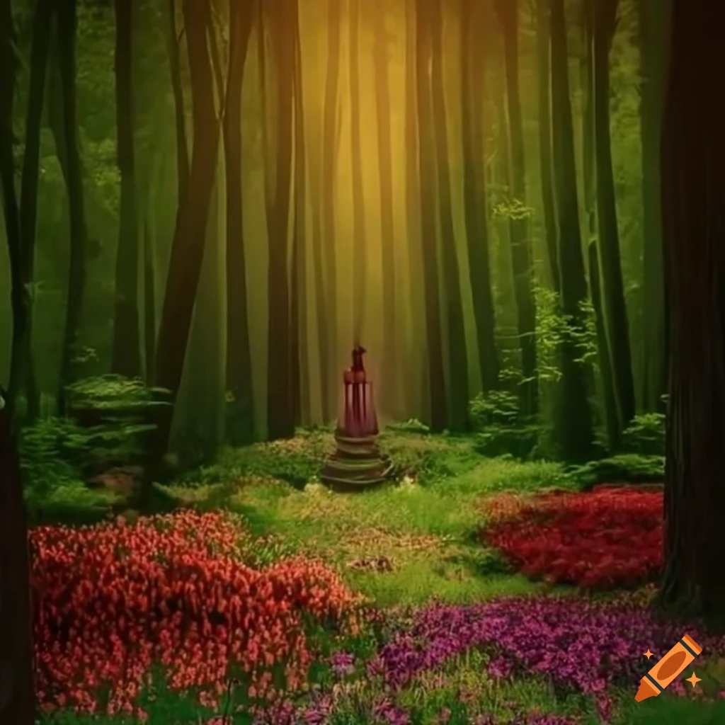 A magical forest with a lot of flowers and large trees, and little light
