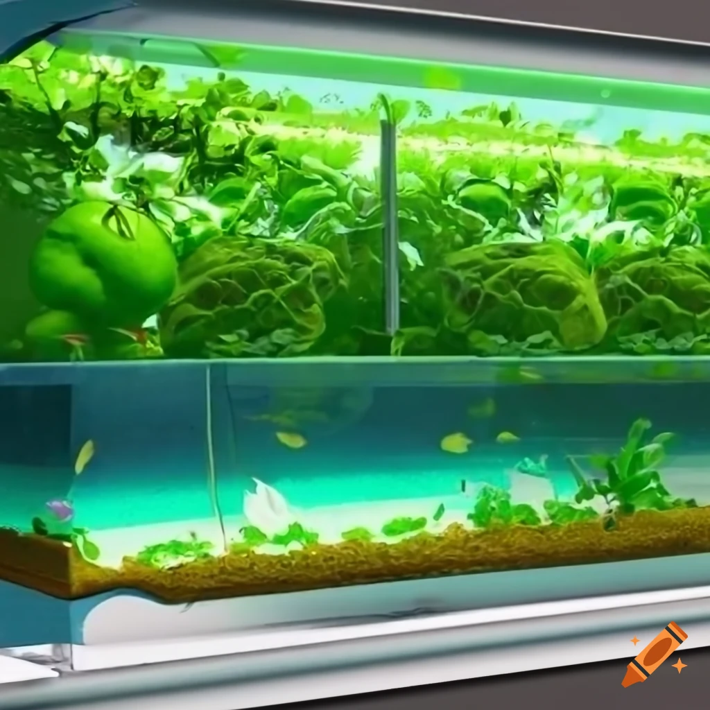 Render an image of an aquaponics system, perfect as a wallpaper. divide