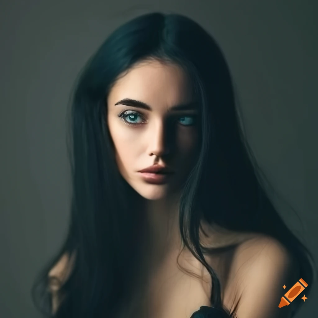Portrait Of A Beautiful European Woman With Long Weavy Black Hair And 