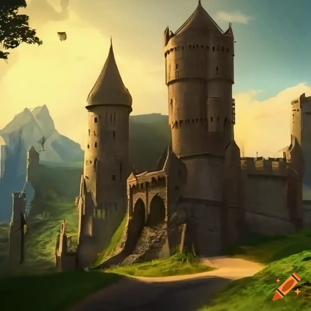 Epic huge, big towering medieval fantasy castle on the left, old road ...