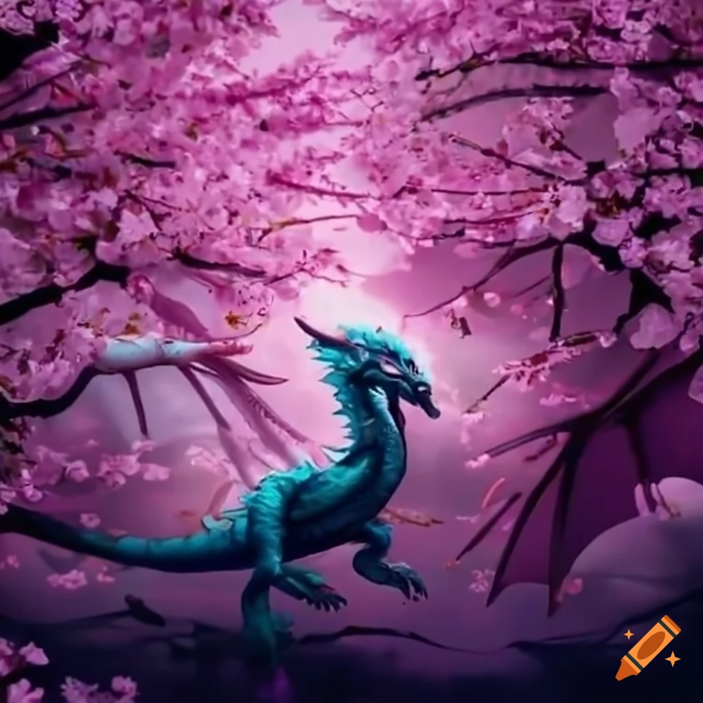 a majestic dragon flying over blooming cherry blossom trees