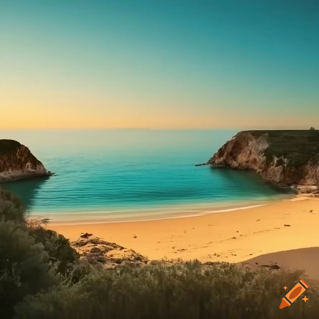 A serene coastal landscape with golden sandy beaches stretching along a ...