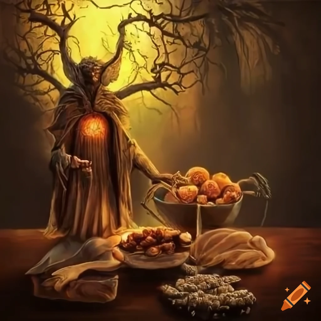 The god of land, feast and harvest. the god is a treant