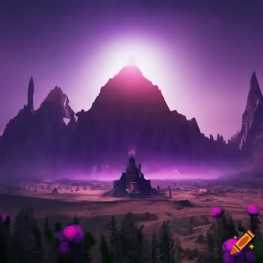 Sci-fi mountain monastery surrounded by alien flora under a purple sun