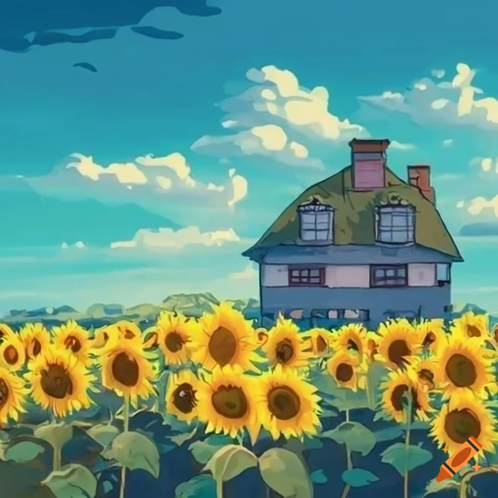 Sunflowers in field with blue sky and houses in corner in studio ghibli