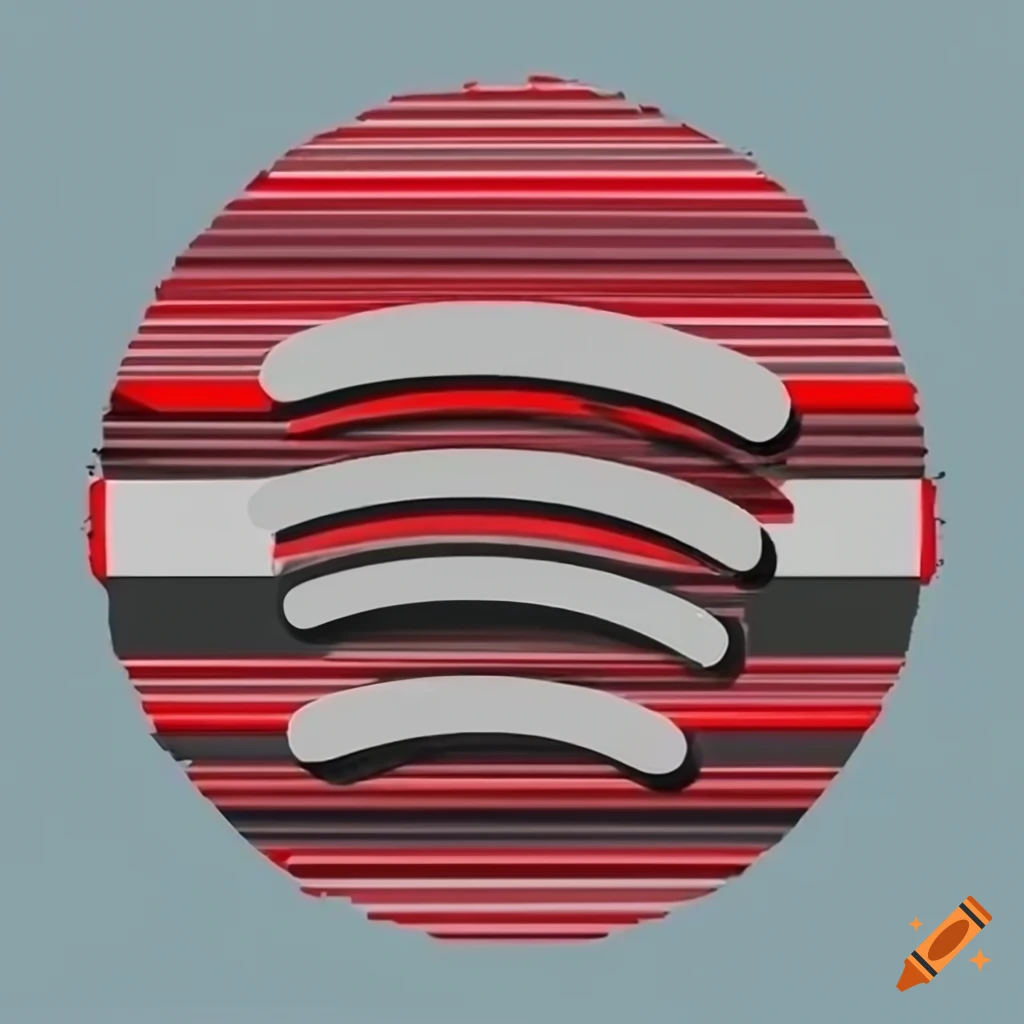 Red and and white horizontal striped spotify logo bordered with red musical  symbols and red hearts, hovering in photorealistic blue sky on Craiyon