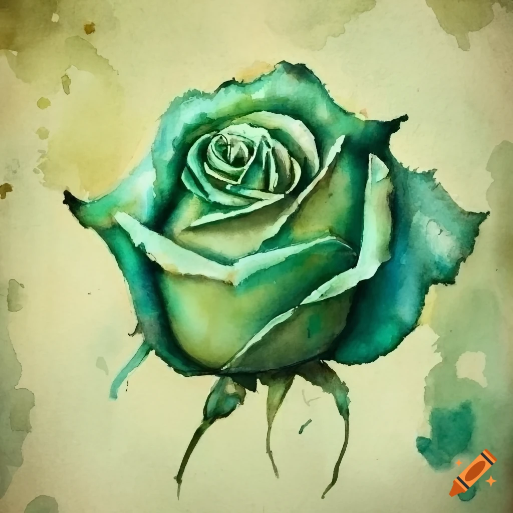 vintage distressed green rose, watercolor