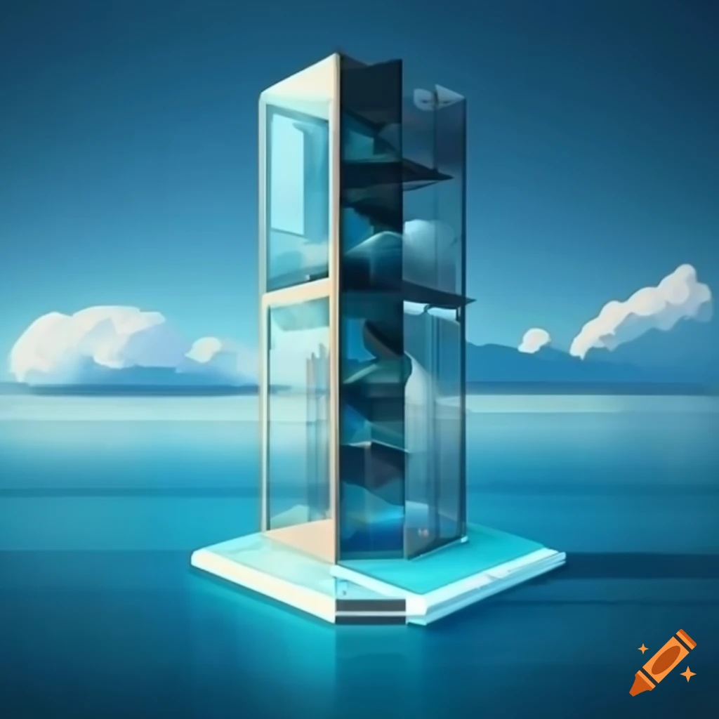 A soothing isometric glass elevator with a portal to the ocean, clouds