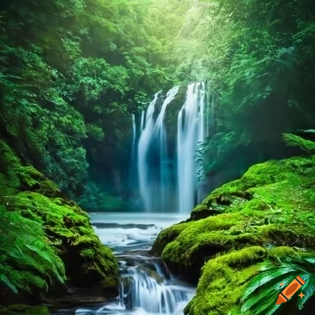 A Breathtaking Waterfall Cascading Down Moss-covered Cliffs Into A 