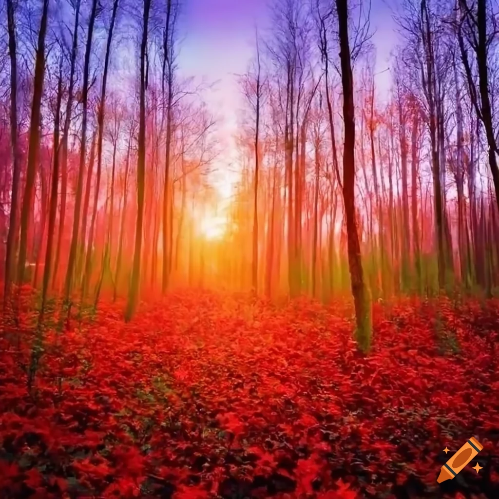 A dense forest with red and blue foliage against orange sunset sky