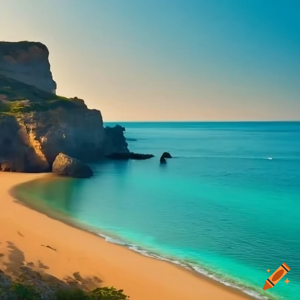 A serene coastal landscape with golden sandy beaches stretching along a ...