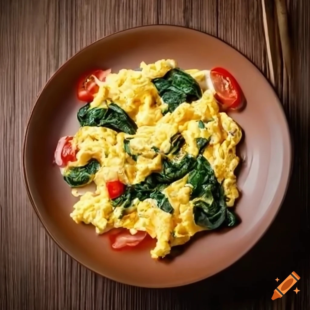 Scrambled EGGS mixed with cooked SPINACH AND TOMATOES on Craiyon