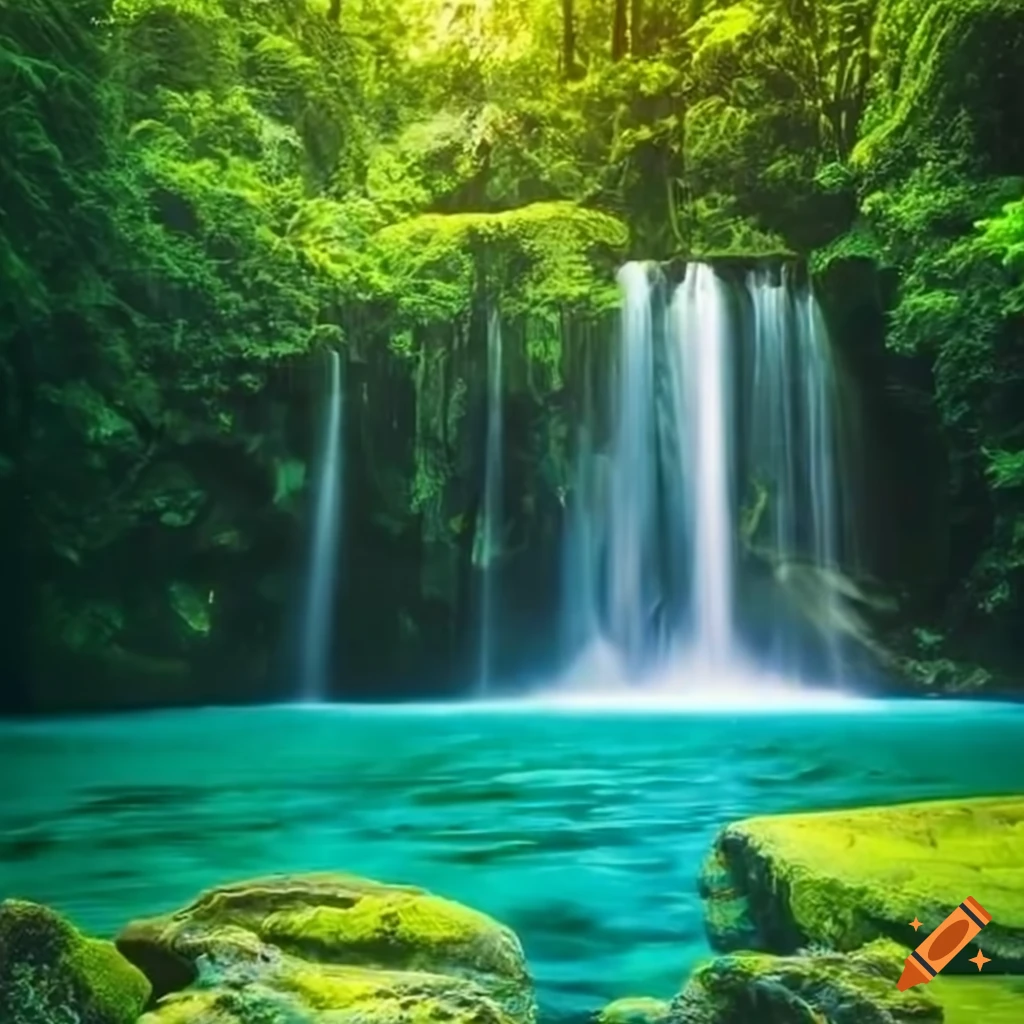 A tranquil creek cascading down a jagged landscape of moss-covered rocks  and lush foliage Stock Photo - Alamy