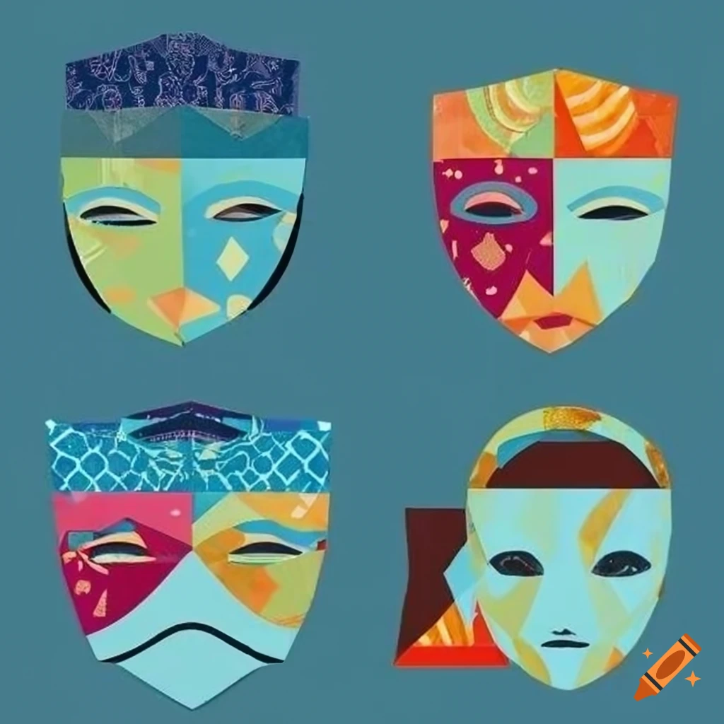 Geometric sets of masked faces (collage, color-blocking in azure ...
