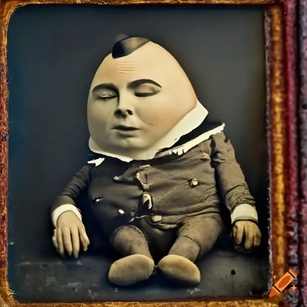 daguerreotype of Humpty-Dumpty with closed eyes sitting on a wall