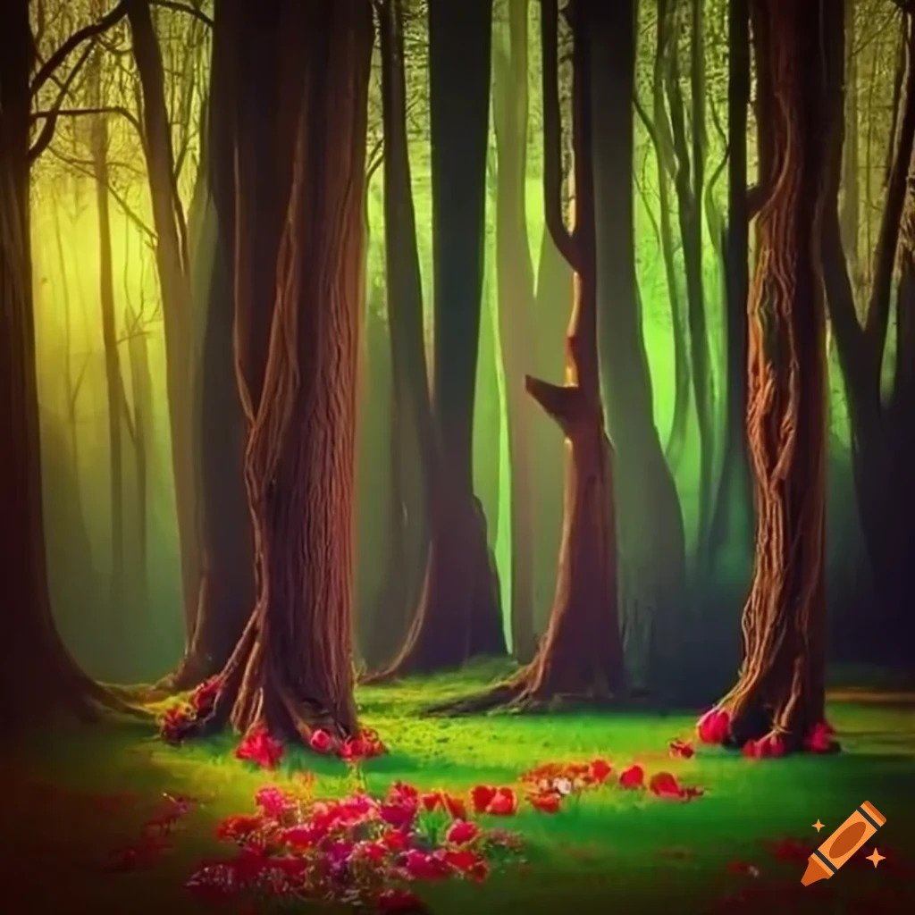 A magical forest with a lot of flowers and large trees, and little ...