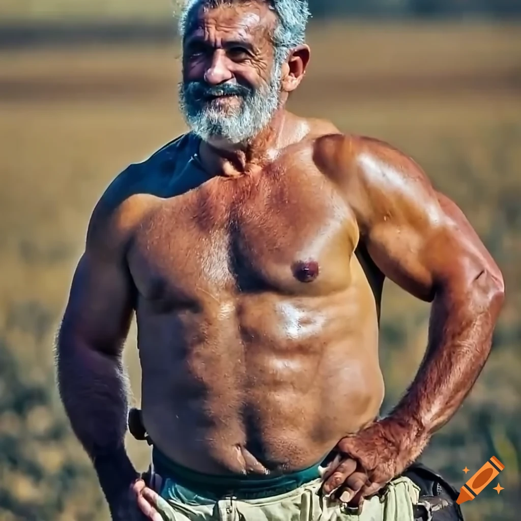 Spanish livestock farmer old man, muscular and bulky person, solidly built  and muscular, thick chest, chest hair, serious, calm, and smiling  expression, photograph, 8 k, full body, looking at viewer, high detail