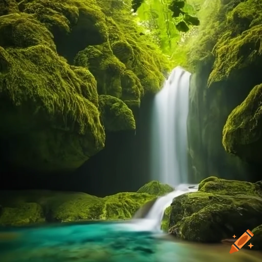 A tranquil creek cascading down a jagged landscape of moss-covered rocks  and lush foliage Stock Photo - Alamy