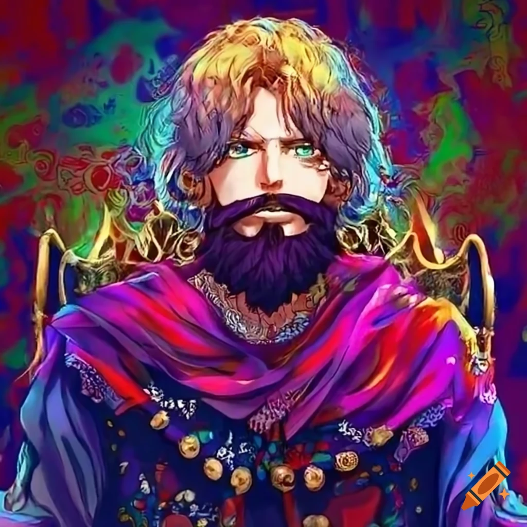 Young king with beard exclaiming huzzah