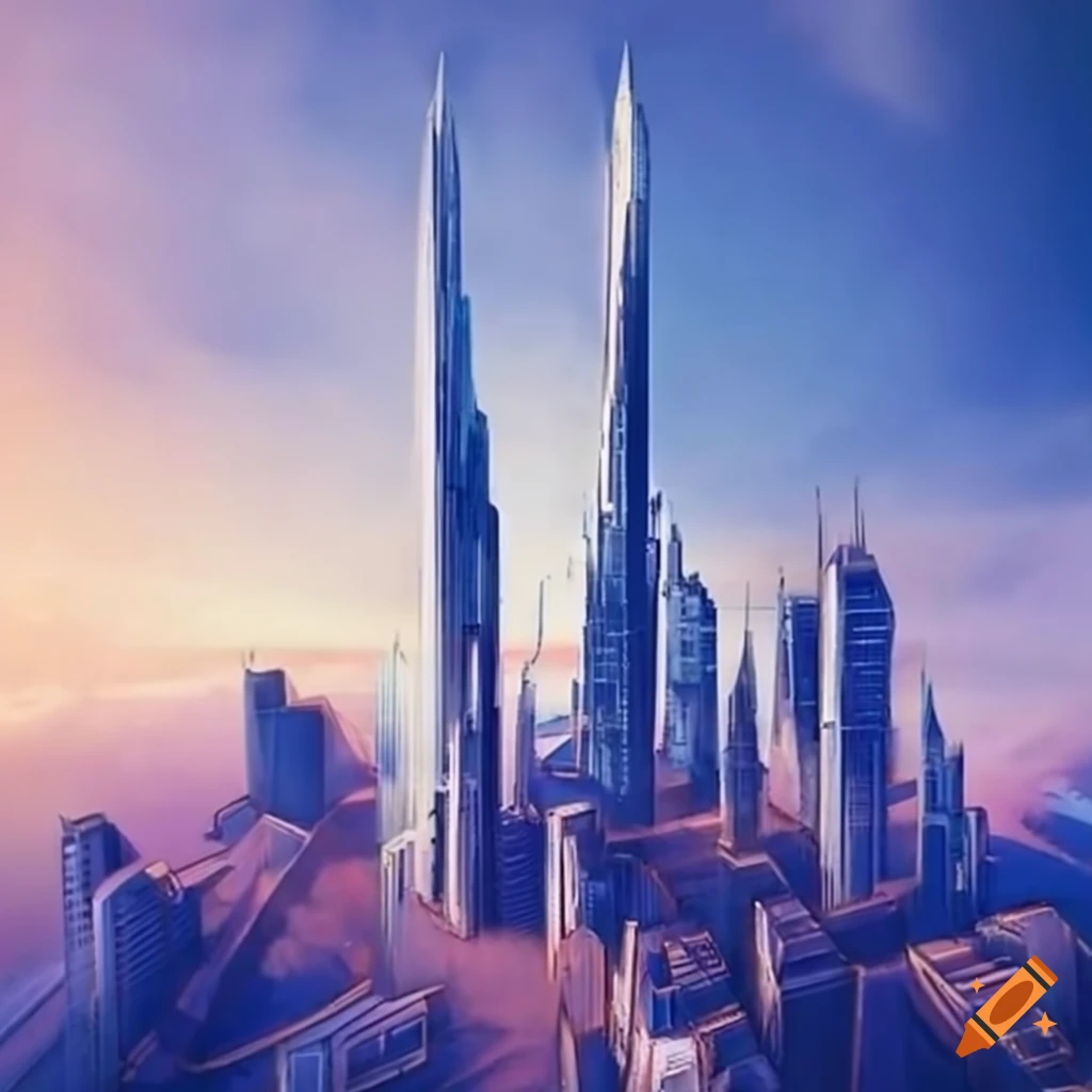 Futuristic aerial photo of huge city with tall skyscrapers on Craiyon