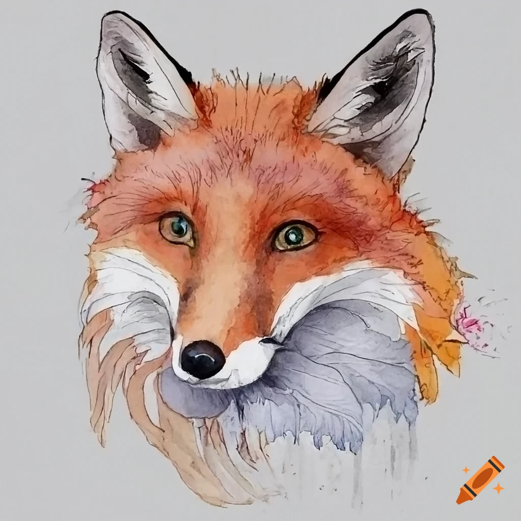 Fox and young lady, watercolour, flowers, feathers, side portrait, drawing