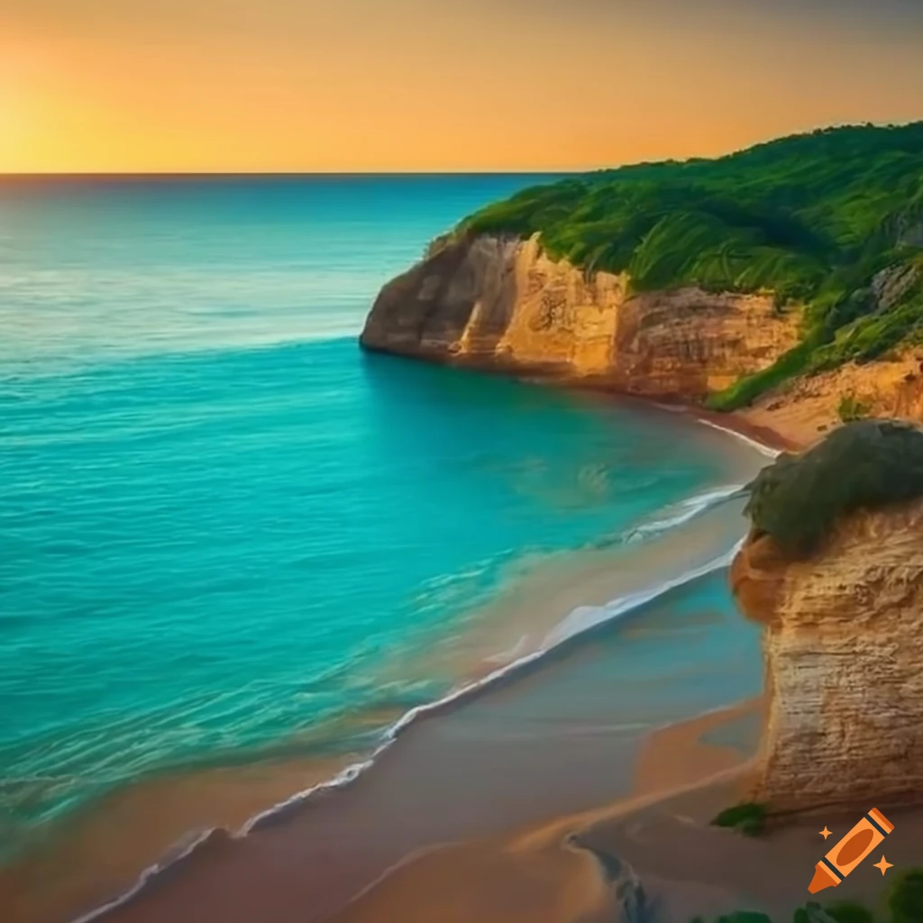 A serene coastal landscape with golden sandy beaches stretching along a ...