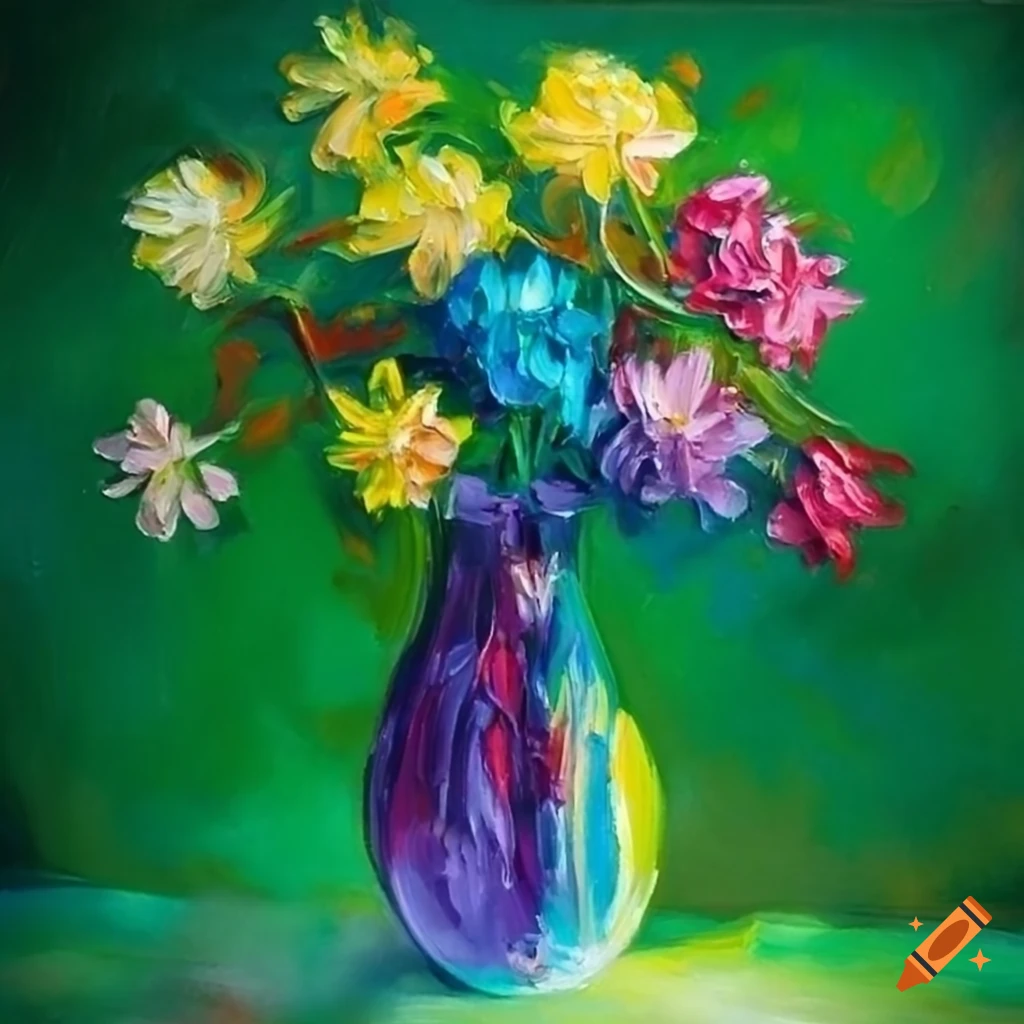 Colorful oil painting with flower in vase with green background