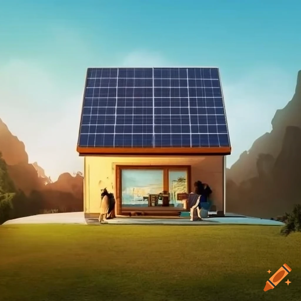 A family home with solar panels on roof and family playing outside on ...