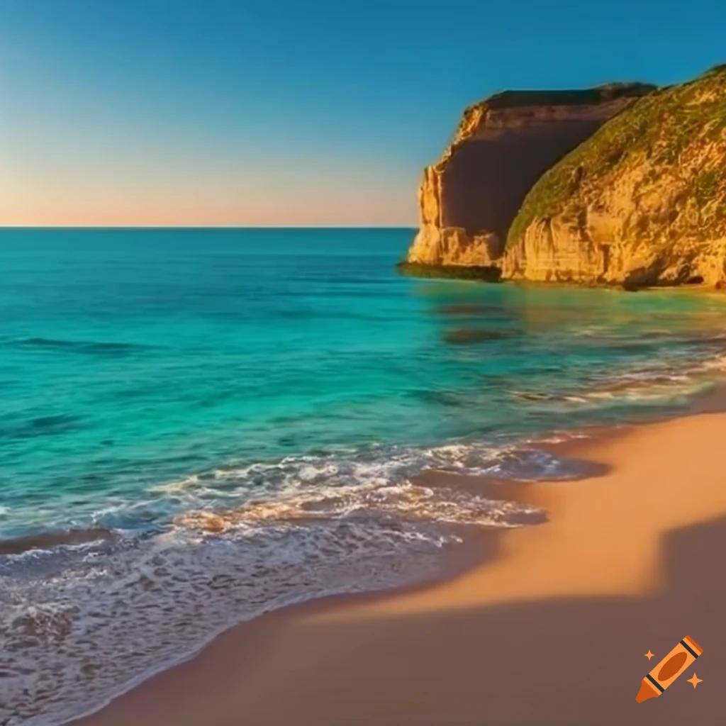 A serene coastal landscape with golden sandy beaches stretching along a ...