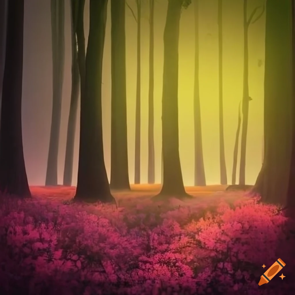 A magical forest adorned with vibrant flowers and towering trees ...