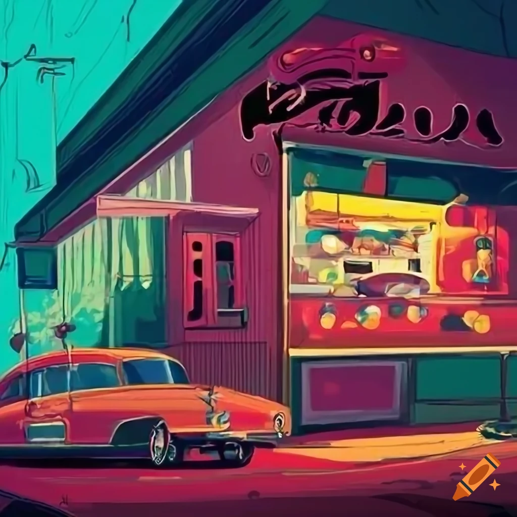 High definition, color, illustration style, 1950's drivein