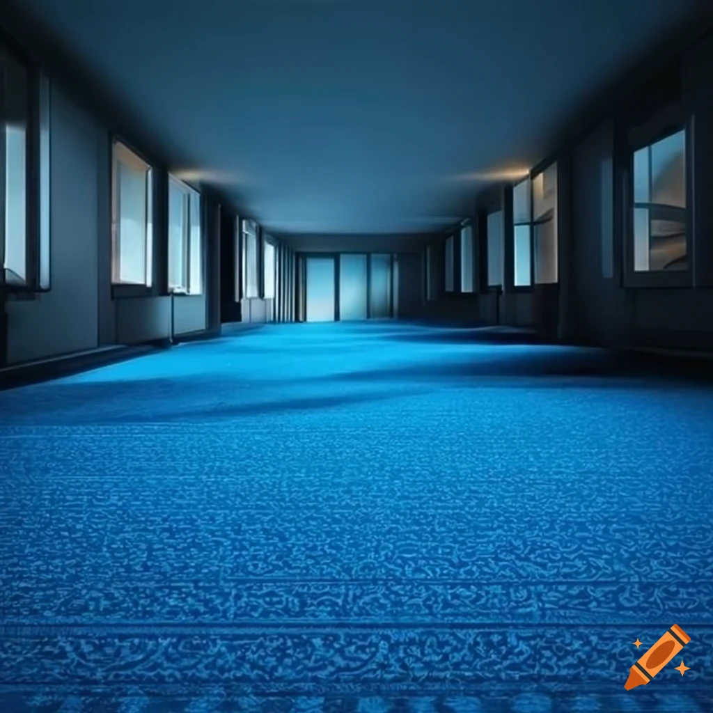 Huge office open room with blue carpet floor and some desks on Craiyon