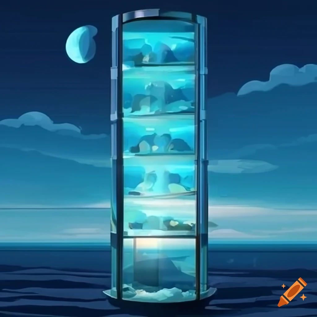 A soothing isometric glass elevator with a portal to the ocean, clouds