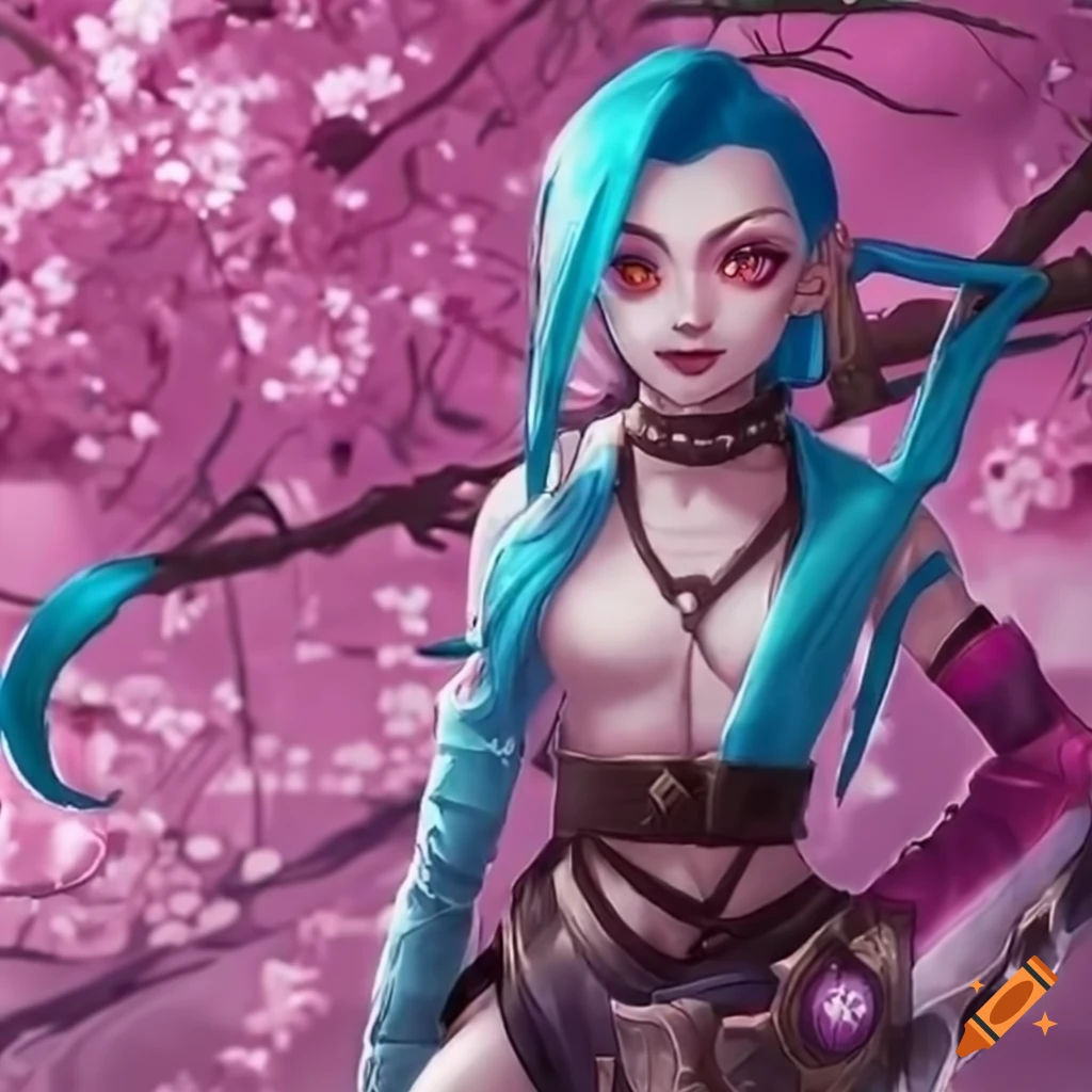 Jinx from the videogame league of legends in a japanese cherry blossom  garden on Craiyon