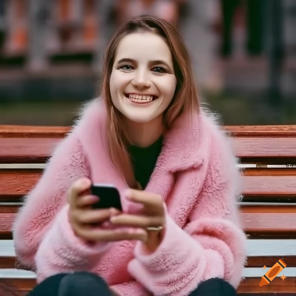 A girl in a pink fuzzy sweater sitting on a bench, facing the camera