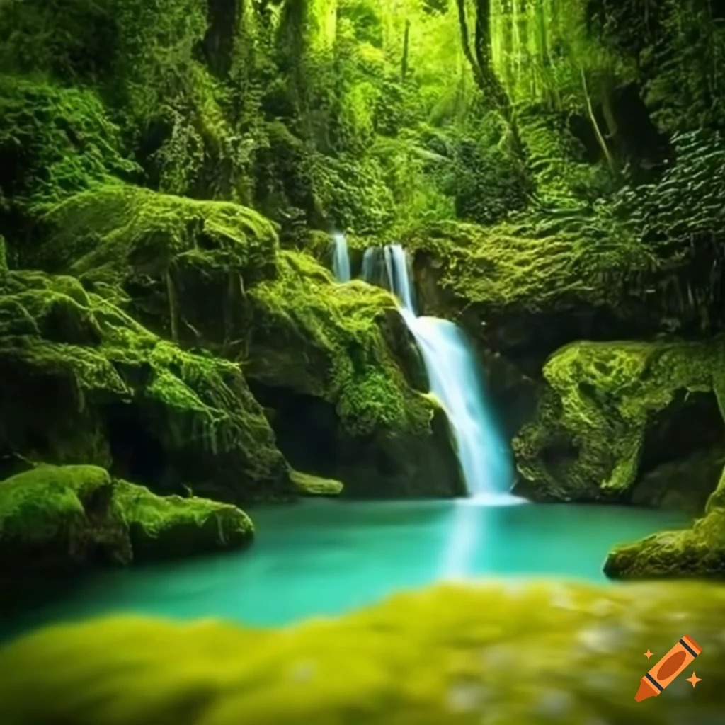 A breathtaking waterfall cascading down moss-covered cliffs into a ...