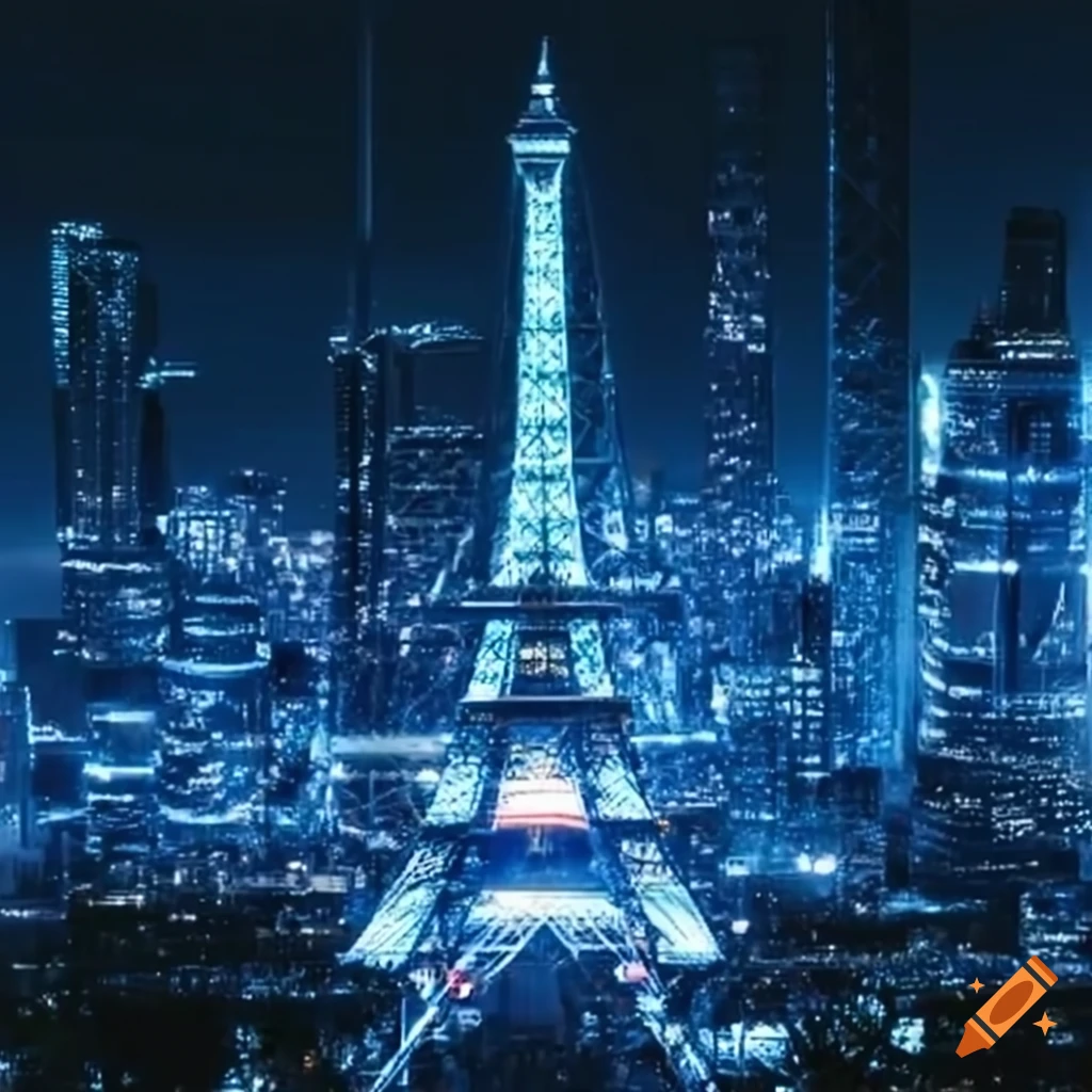 Eiffel tower in massive futuristic cyber city by night on Craiyon