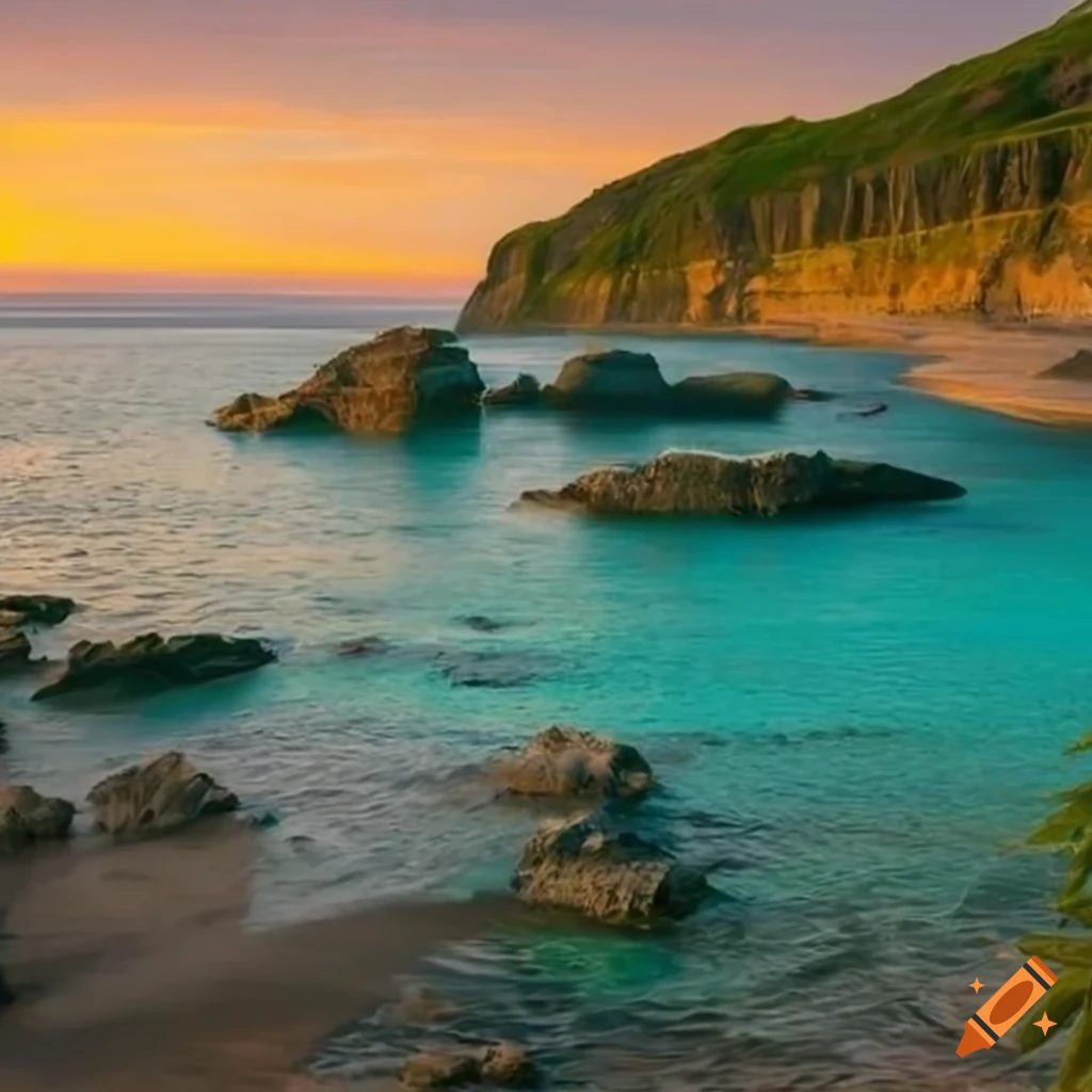 A serene coastal landscape with golden sandy beaches stretching along a ...