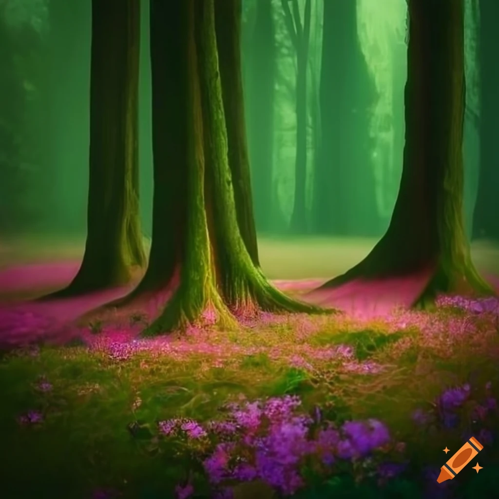 A magical forest adorned with vibrant flowers and towering trees ...