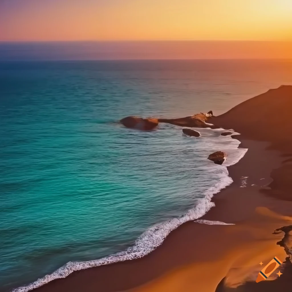 A serene coastal landscape with golden sandy beaches stretching along a ...