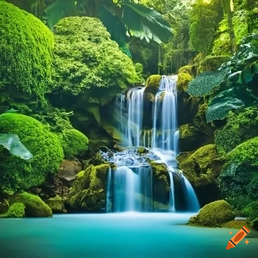 A breathtaking waterfall cascading down moss-covered cliffs into a ...