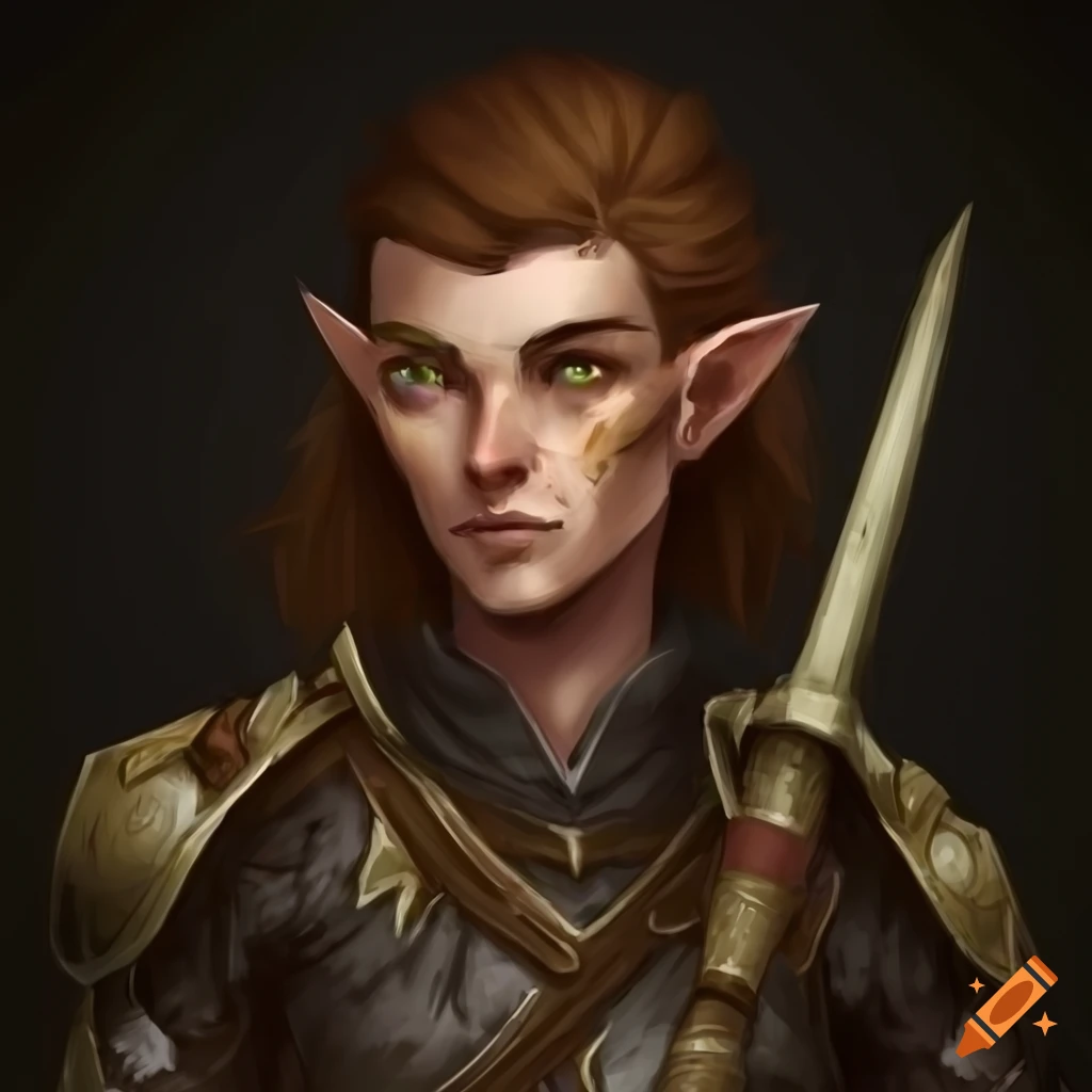 A male half-elf with bronze skin and a long brown ponytail wearing ...