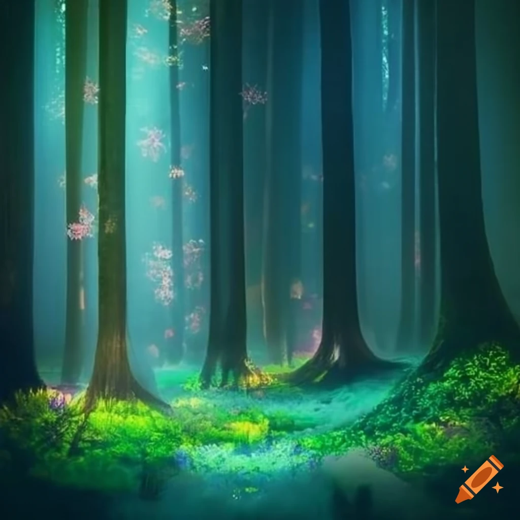 A magical forest adorned with vibrant flowers and towering trees ...