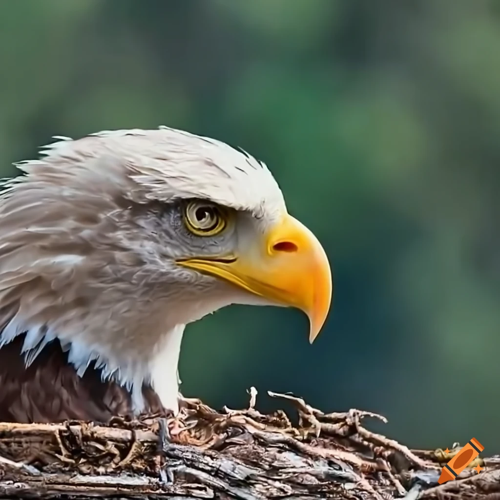 Bald eagle in a nest, macro, bokeh, ultra realistic, 8k, sharp on